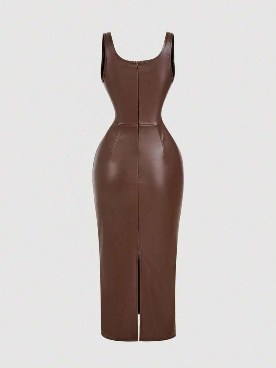 SHEIN MOD فستان بني من جلد بولي يوريثان كوكتيل