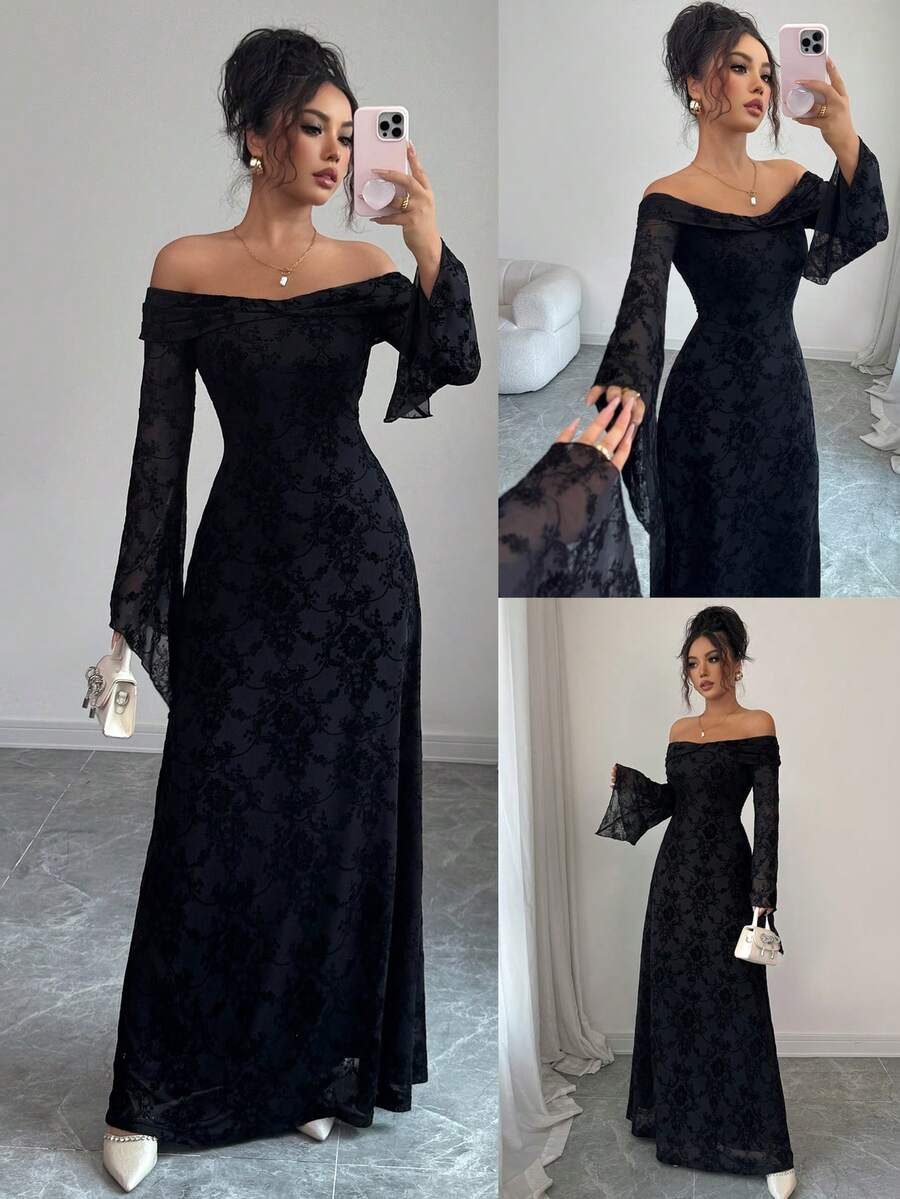 SHEIN فستان ماكسي اسود بأكمام واسعة وأكتاف مكشوفة
