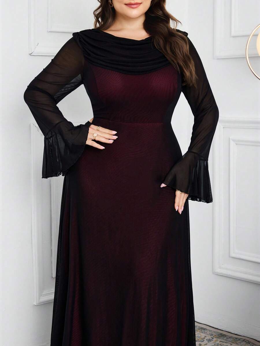 SHEIN Modelyn فستان أسود للمقاسات الكبيرة بياقة متدلية ولوحة شبكية ملونة وأكمام واسعة