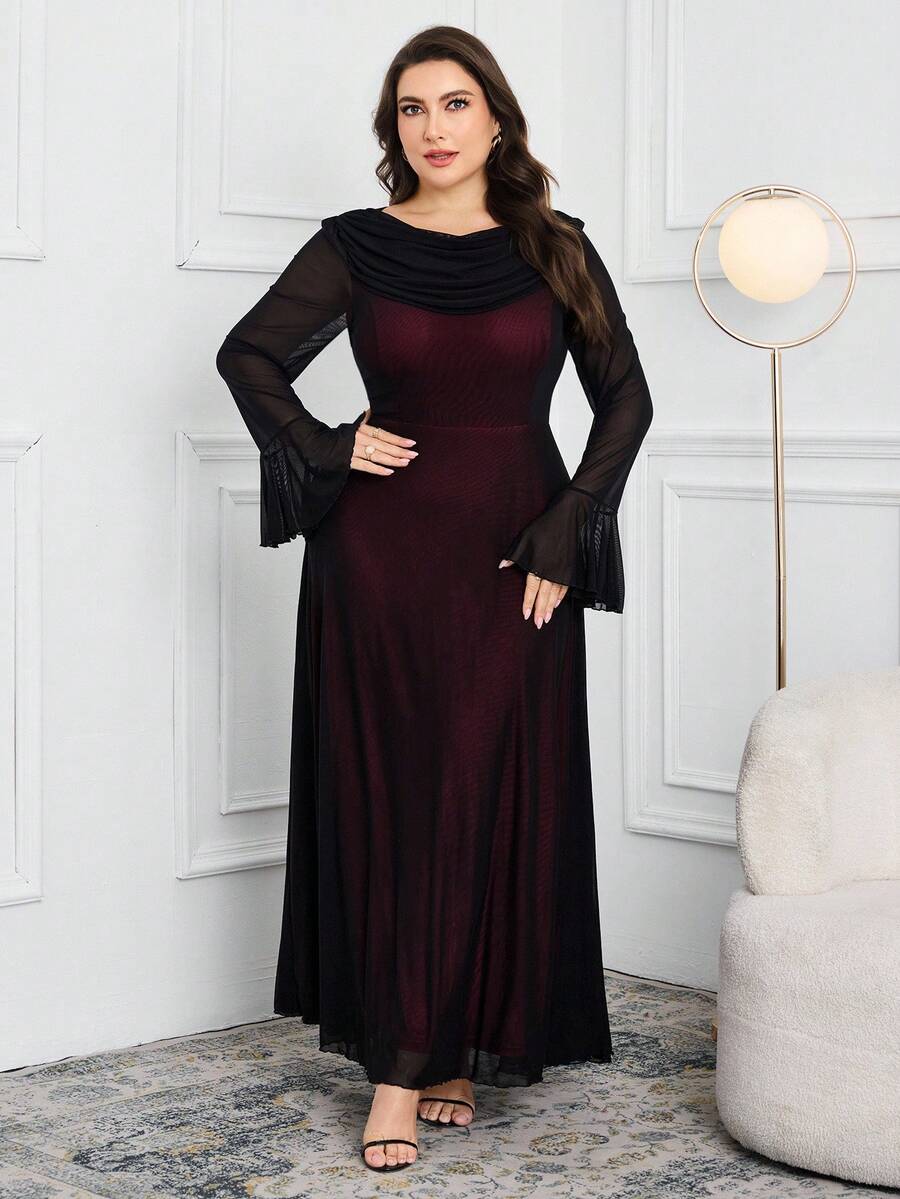 SHEIN Modelyn فستان أسود للمقاسات الكبيرة بياقة متدلية ولوحة شبكية ملونة وأكمام واسعة