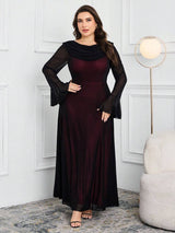 SHEIN Modelyn فستان أسود للمقاسات الكبيرة بياقة متدلية ولوحة شبكية ملونة وأكمام واسعة