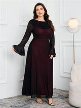 SHEIN Modelyn فستان أسود للمقاسات الكبيرة بياقة متدلية ولوحة شبكية ملونة وأكمام واسعة