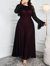 SHEIN Modelyn فستان أسود للمقاسات الكبيرة بياقة متدلية ولوحة شبكية ملونة وأكمام واسعة