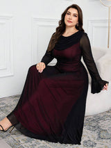 SHEIN Modelyn فستان أسود للمقاسات الكبيرة بياقة متدلية ولوحة شبكية ملونة وأكمام واسعة