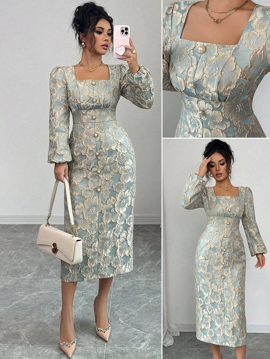 SHEIN Elenzga فستان اخضر بياقة مربعة وأزرار لؤلؤية
