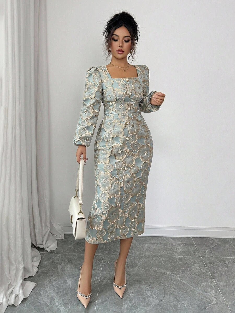 SHEIN Elenzga فستان اخضر بياقة مربعة وأزرار لؤلؤية