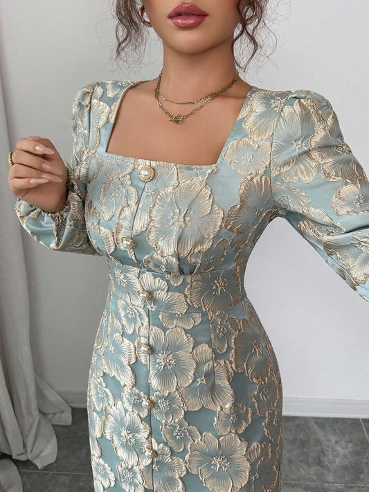 SHEIN Elenzga فستان اخضر بياقة مربعة وأزرار لؤلؤية
