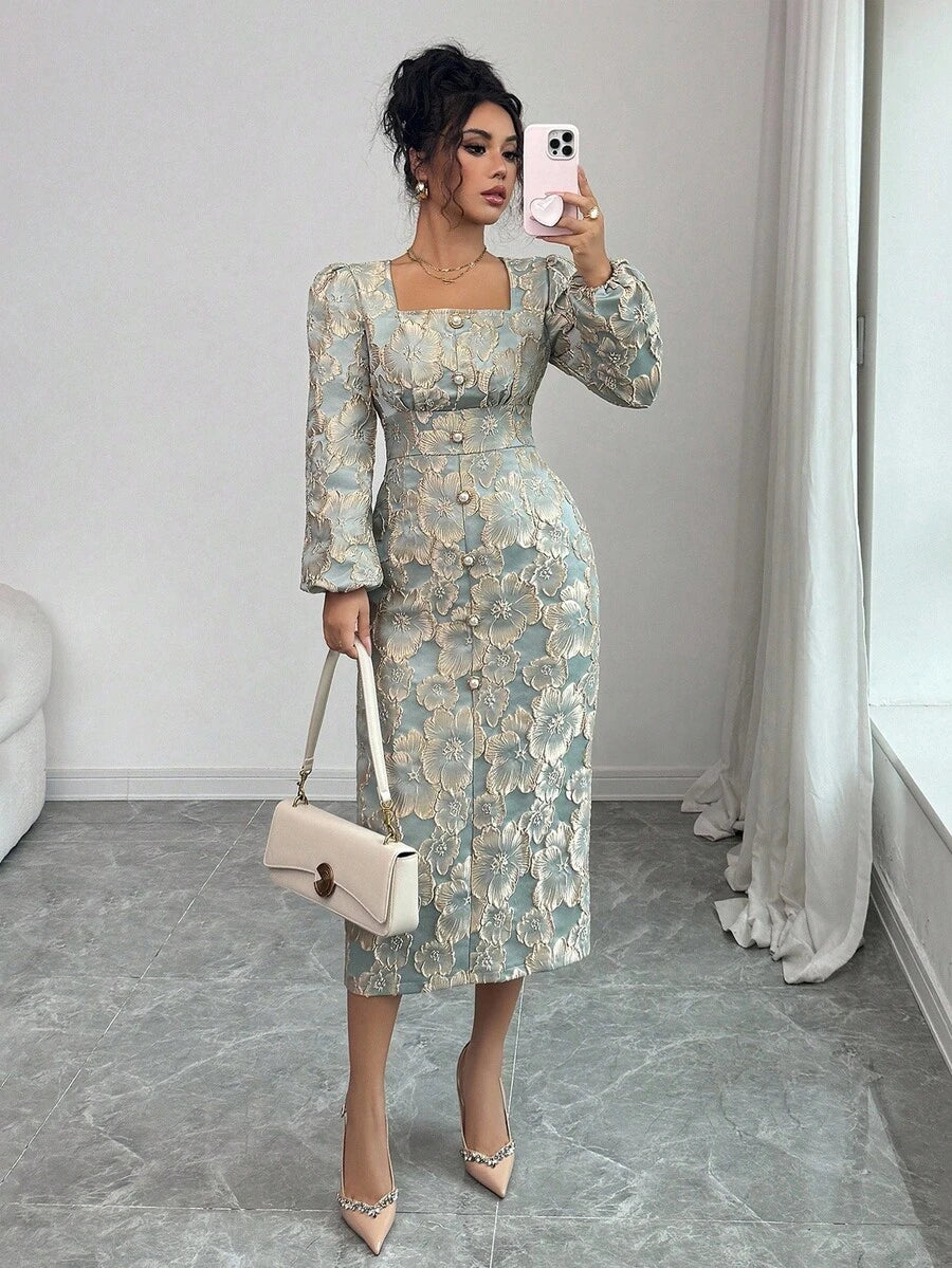 SHEIN Elenzga فستان اخضر بياقة مربعة وأزرار لؤلؤية