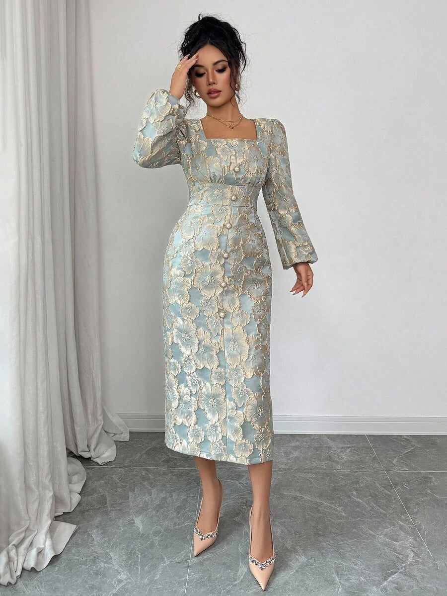 SHEIN Elenzga فستان اخضر بياقة مربعة وأزرار لؤلؤية