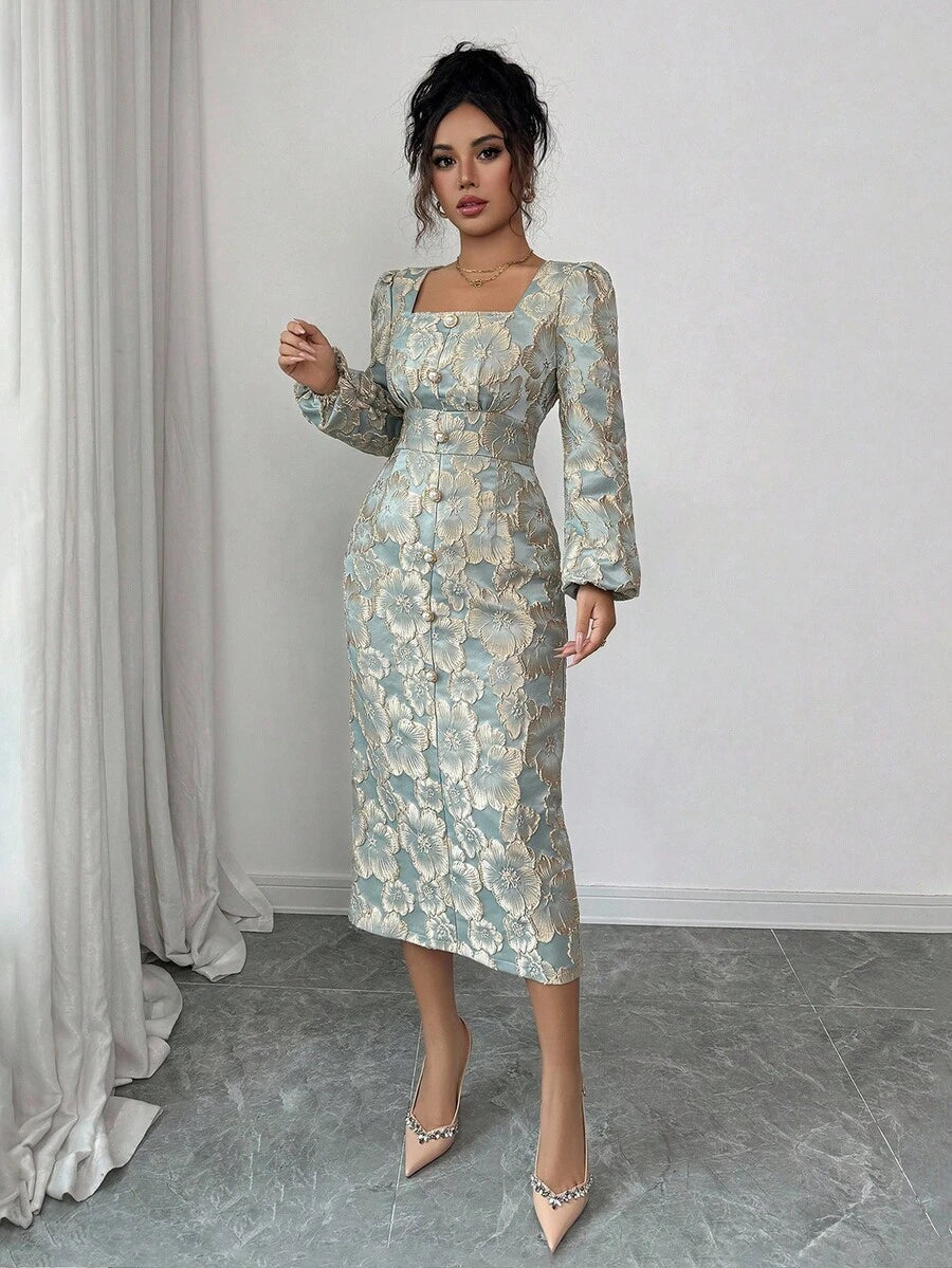 SHEIN Elenzga فستان اخضر بياقة مربعة وأزرار لؤلؤية