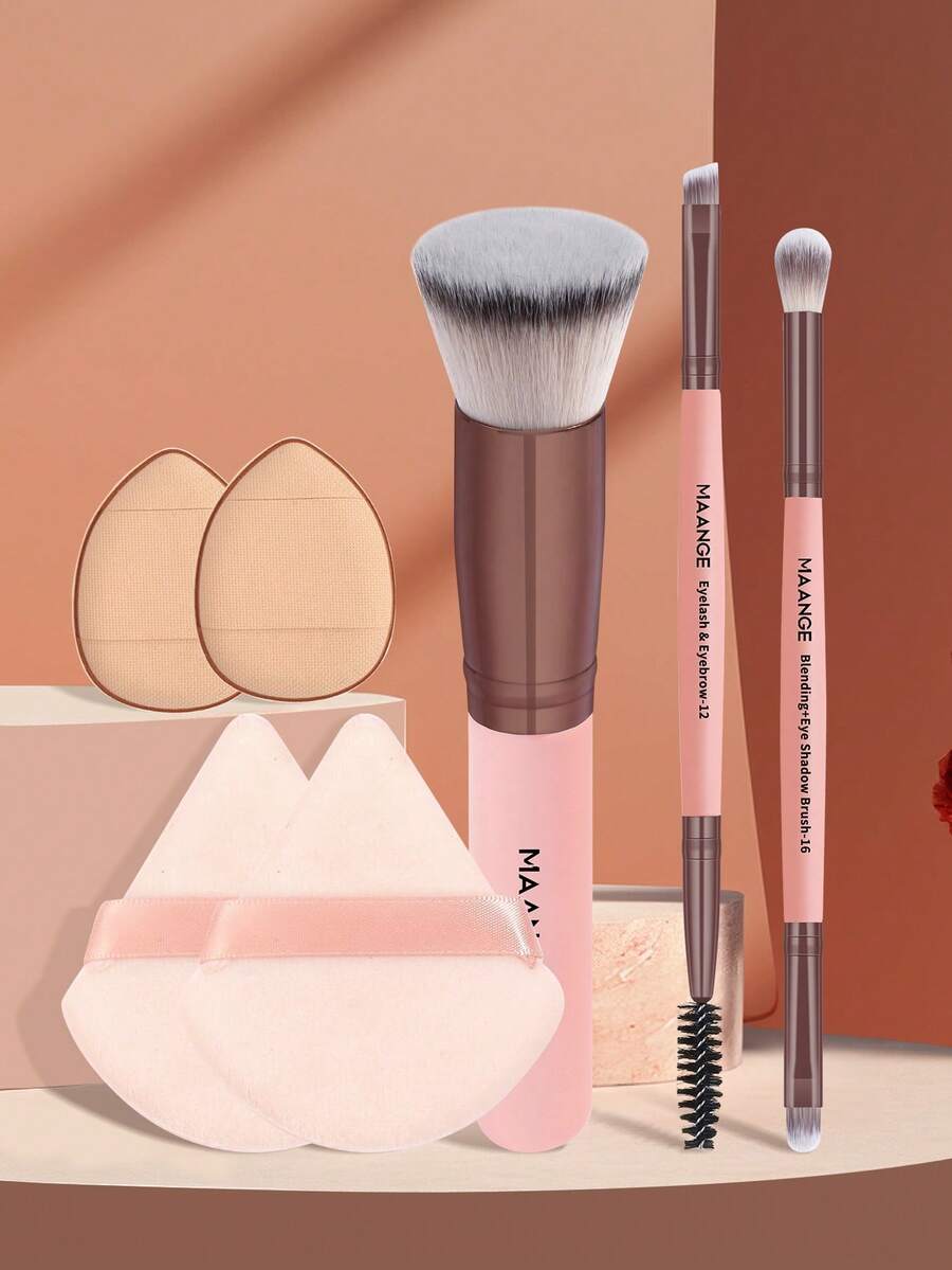 SHEIN MAANGE مجموعة فرش وجه مع حقيبة وإسفنجة ألياف ناعمة محمولة