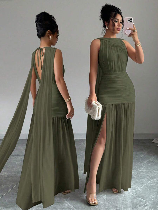 SHEIN Elenzga فستان اخضر بدون أكمام بربطة وشق جانبي