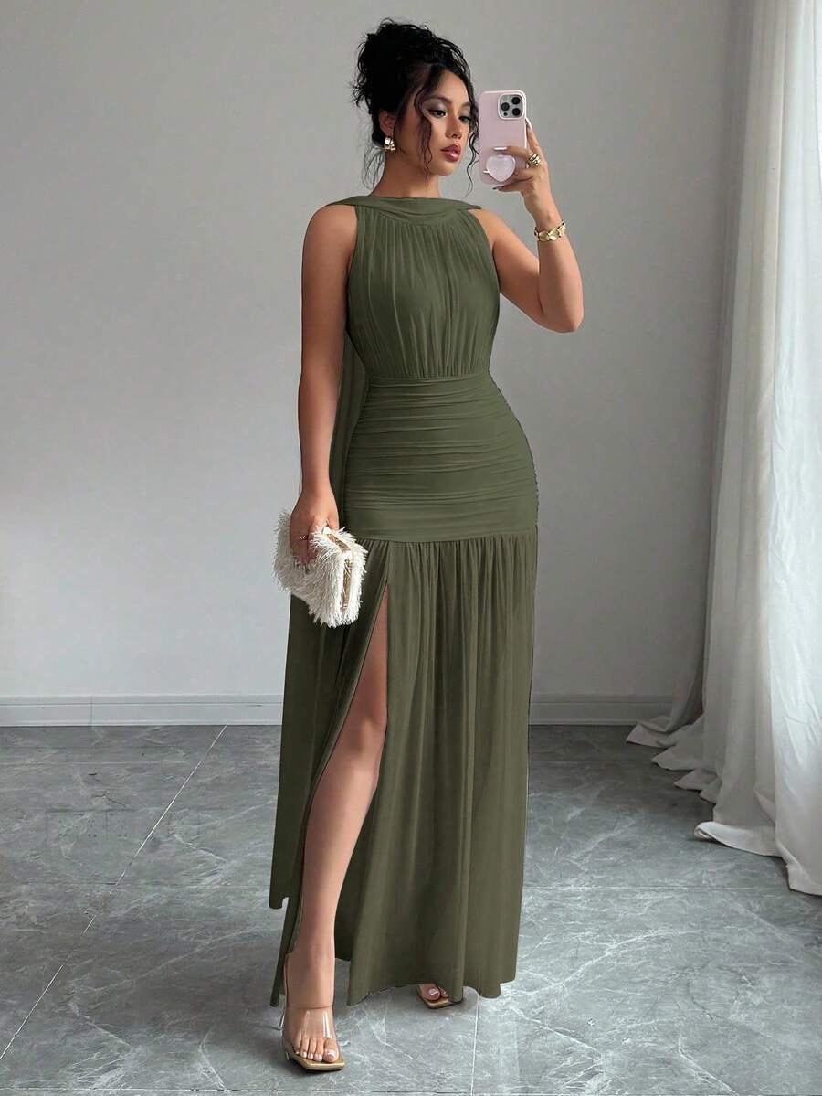 SHEIN Elenzga فستان اخضر بدون أكمام بربطة وشق جانبي