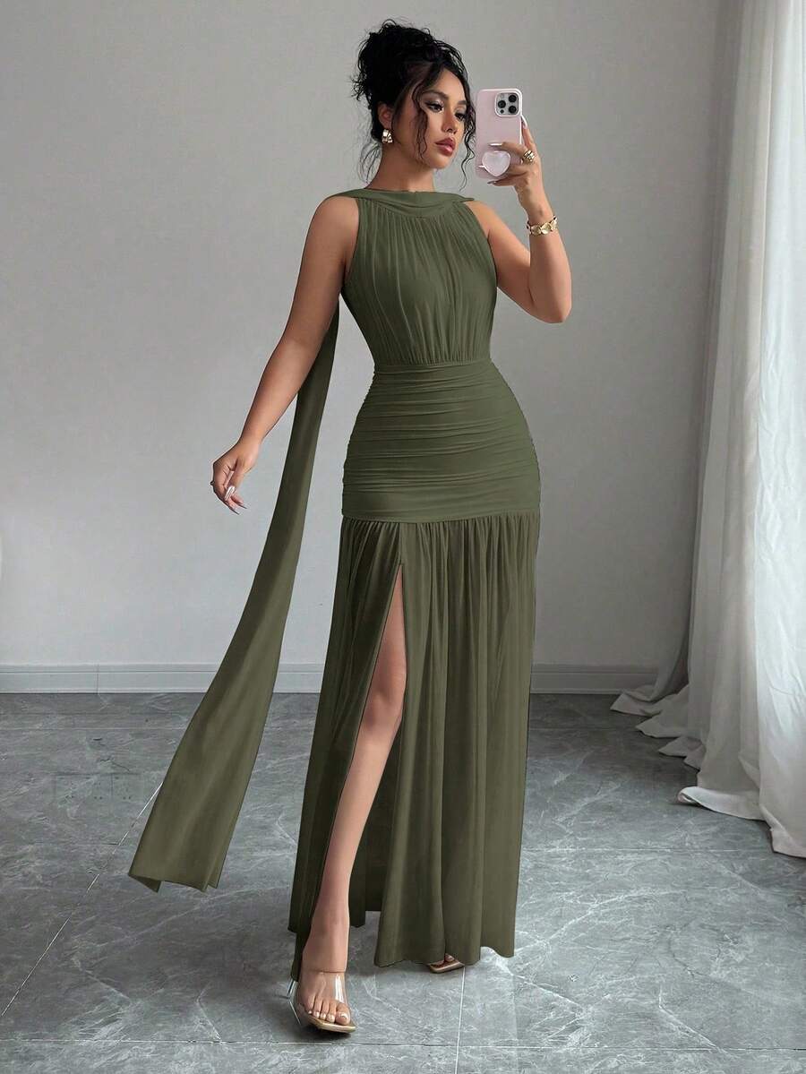 SHEIN Elenzga فستان اخضر بدون أكمام بربطة وشق جانبي