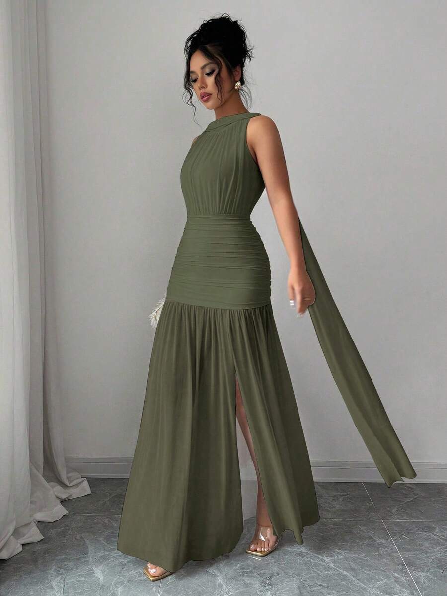 SHEIN Elenzga فستان اخضر بدون أكمام بربطة وشق جانبي