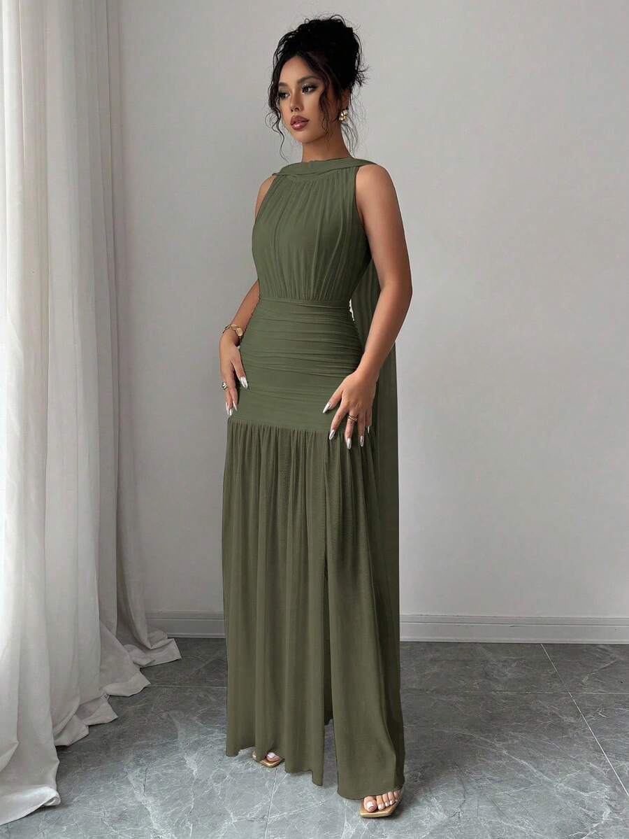 SHEIN Elenzga فستان اخضر بدون أكمام بربطة وشق جانبي