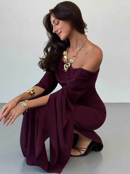 SHEIN Aloruh فستان بكتف مكشوف مع شق جانبي