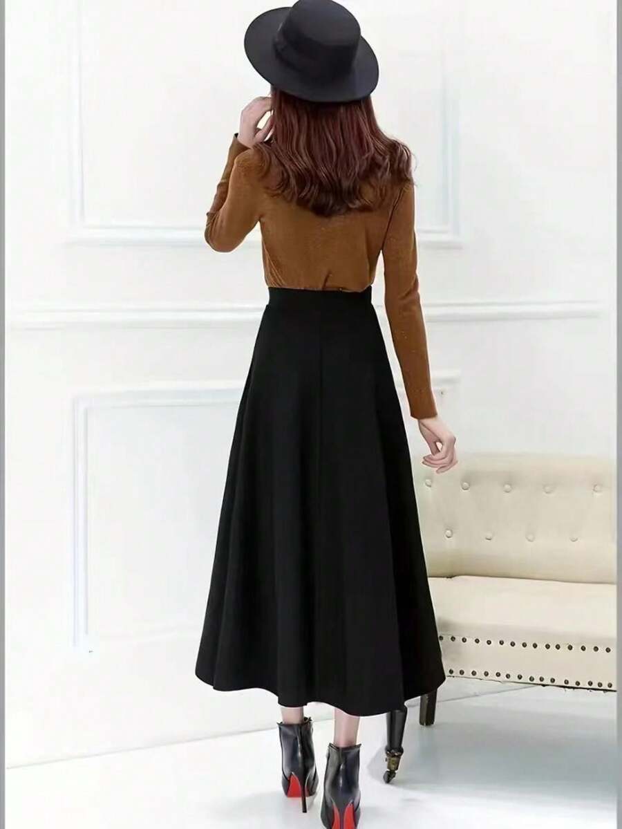 SHEIN تنورة ماكسي سوداء بخصر عالي بطراز كوري