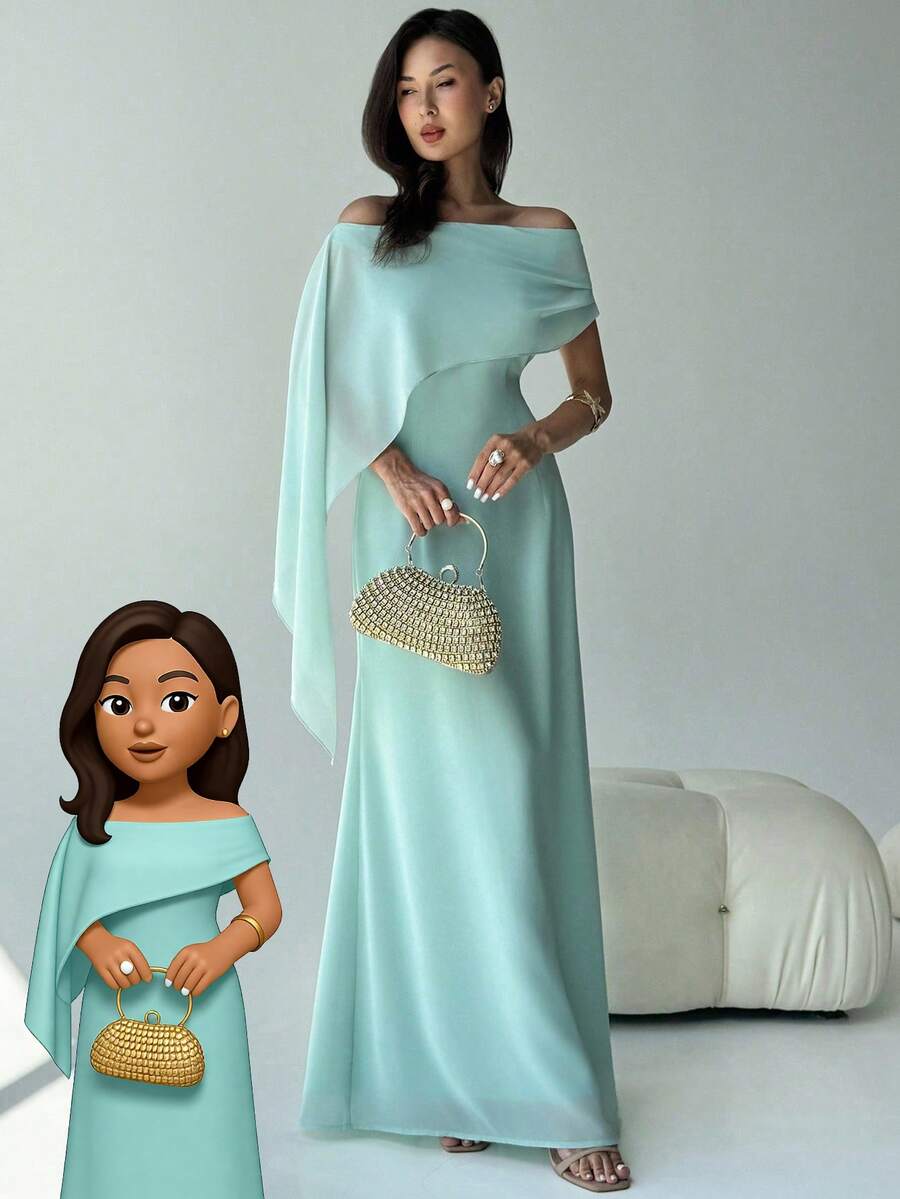 SHEIN Aloruh فستان اخضر ماكسي بذيل سمكة وكشكشة