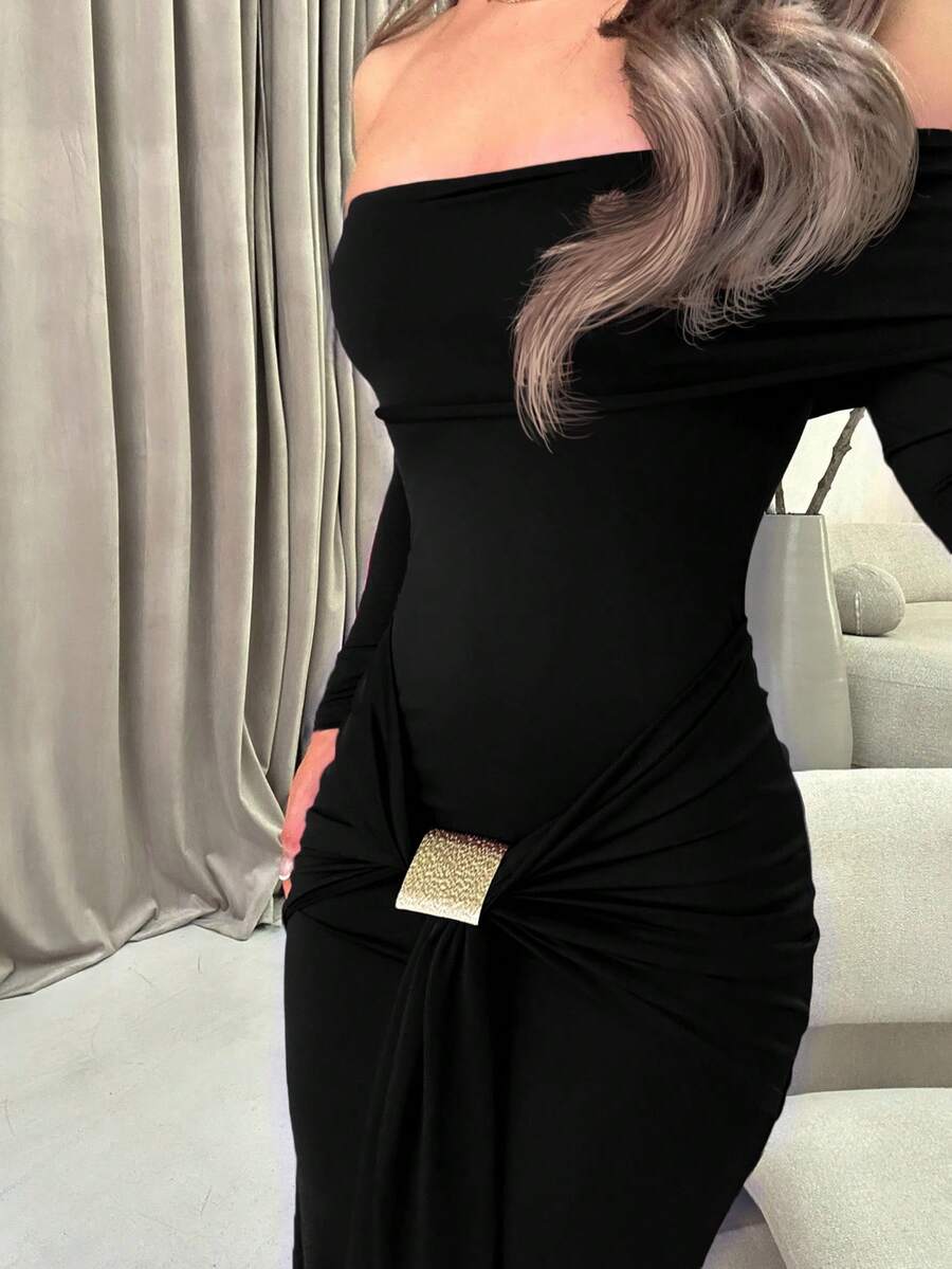 SHEIN Jemour فستان ماكسي اسود بأكتاف مكشوفة