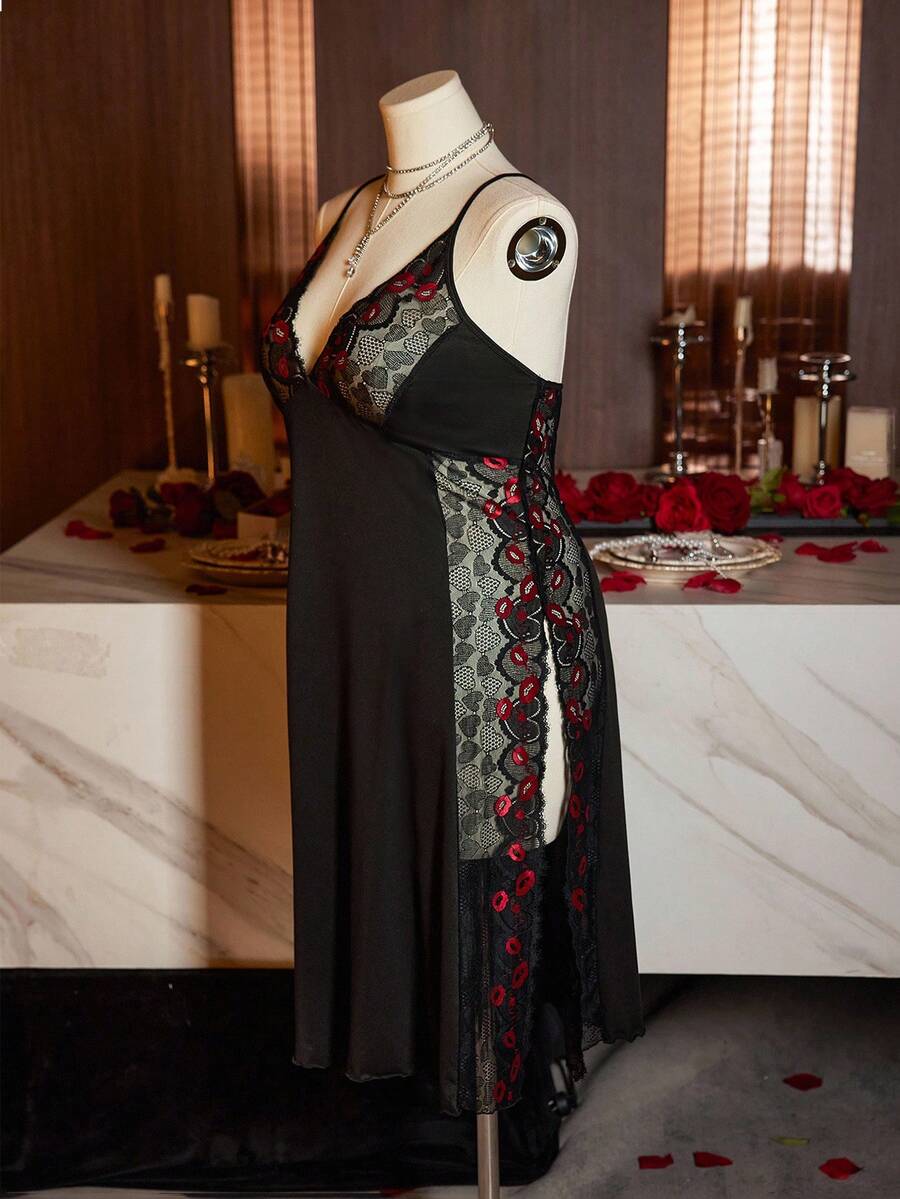 SHEIN ZzzCrew ثوب نوم اسود بحمالات رفيعة