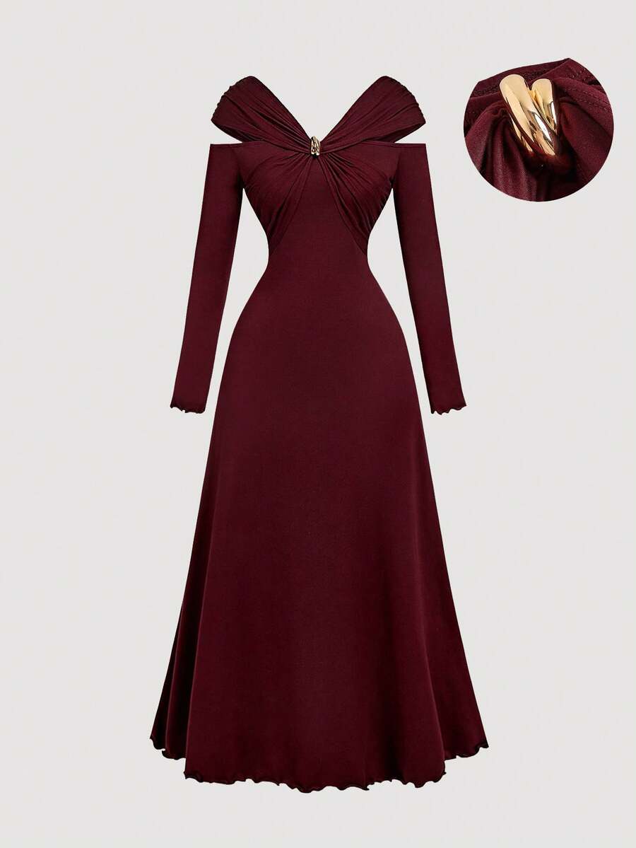 SHEIN MOD فستان متوسط الطول مُجعد باللون العنابي