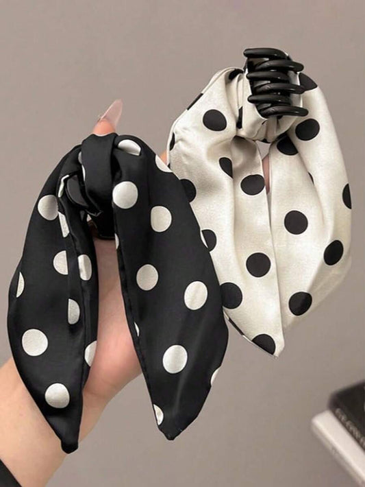 SHEIN مشابك شعر قطعتين بتصميم فيونكة  بطبعة نقاط سوداء وبيضاء