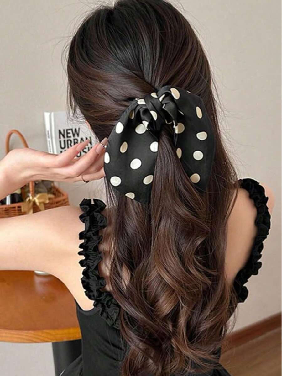 SHEIN مشابك شعر قطعتين بتصميم فيونكة  بطبعة نقاط سوداء وبيضاء