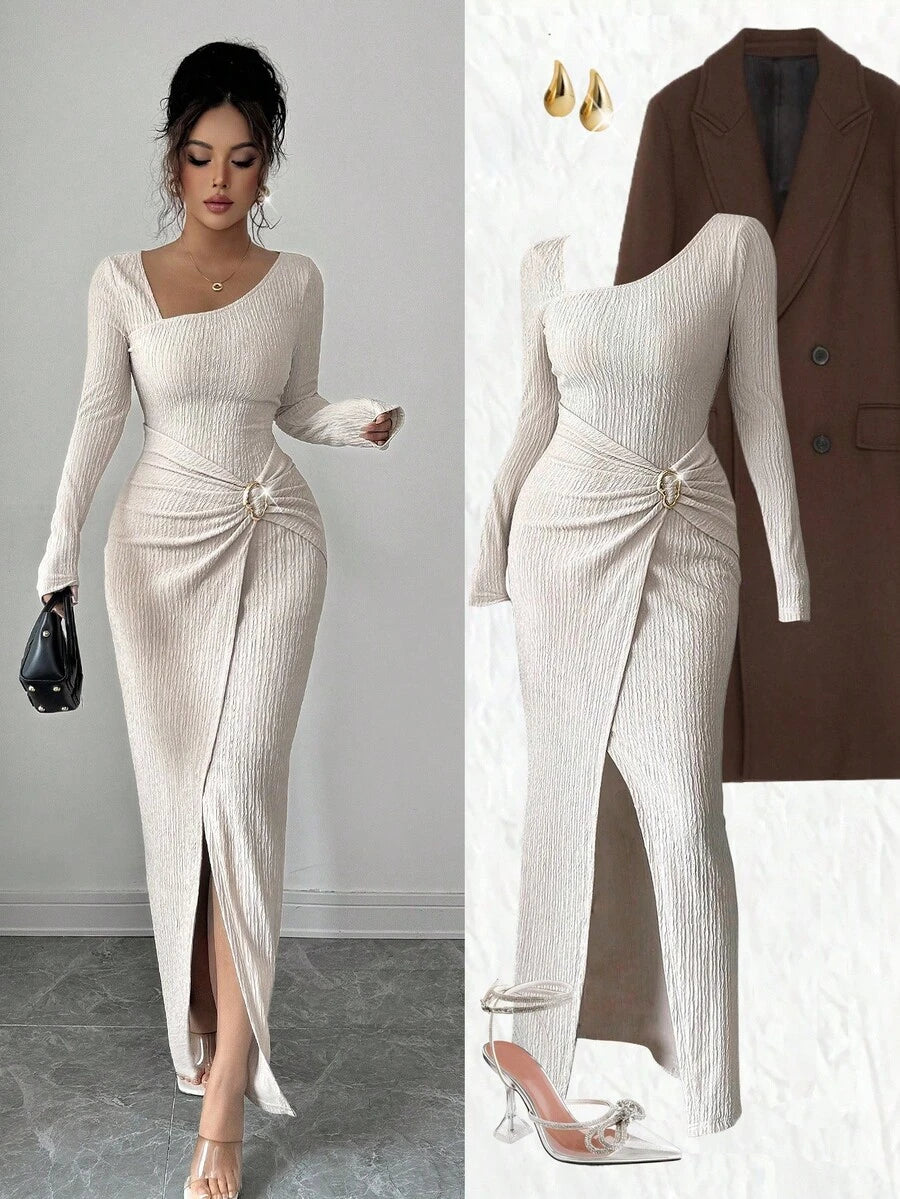 SHEIN Elenzga فستان مشمشي طويل محبوك عنق غير متماثل