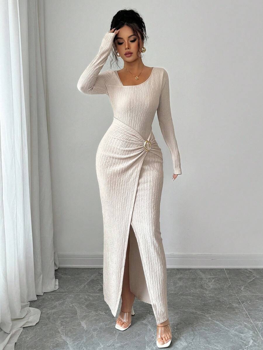 SHEIN Elenzga فستان مشمشي طويل محبوك عنق غير متماثل