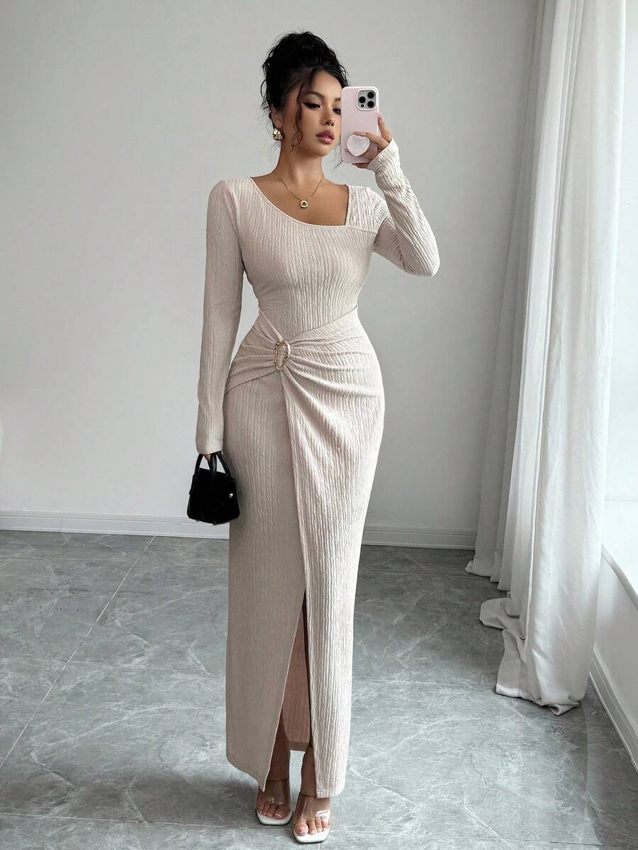 SHEIN Elenzga فستان مشمشي طويل محبوك عنق غير متماثل