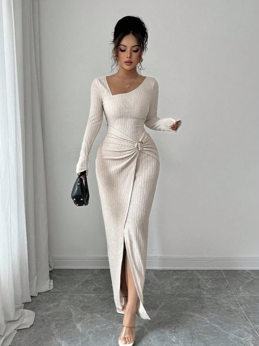 SHEIN Elenzga فستان مشمشي طويل محبوك عنق غير متماثل