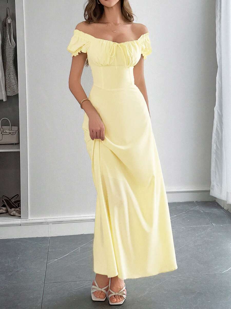 SHEIN PoPoHouse فستان بوهيمي أصفر مكشوف الكتفين بربطة خلفية