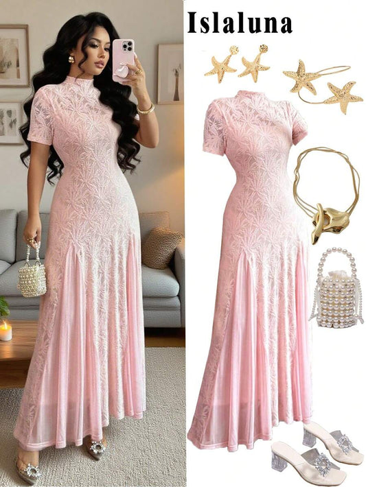 SHEIN Rafferiza فستان وردي قصير الأكمام بدون أكمام مطرز بالدانتيل