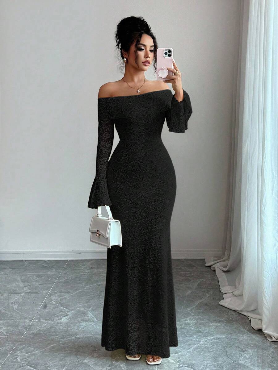 SHEIN Chiquease فستان اسود قصير  بذيل سمكة وأكمام متسعة