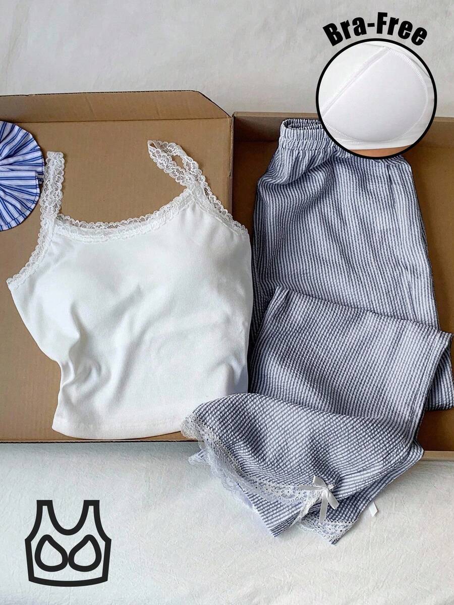 SHEIN Comfortcana طقم 2 قطع توب كاميسول دانتيل وبنطلون مخطط