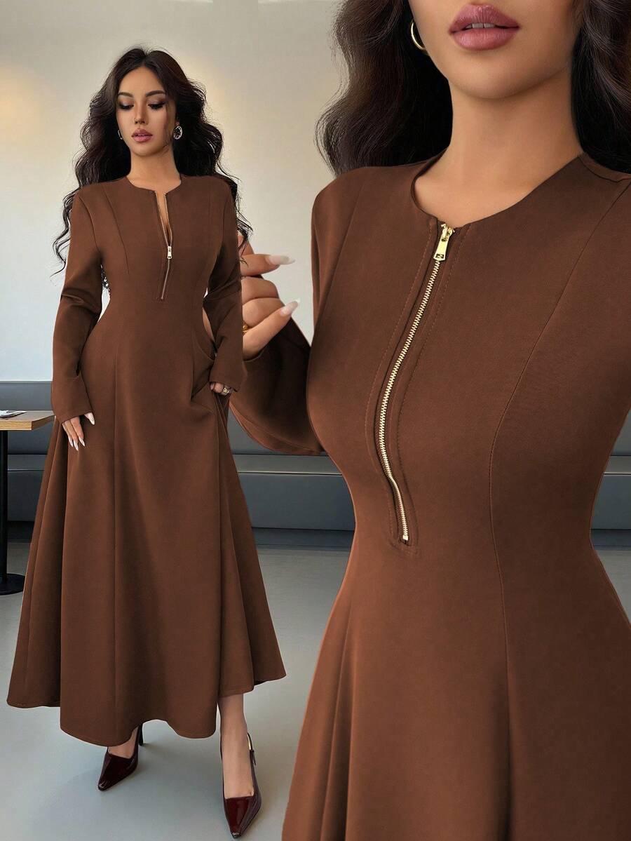 SHEIN Elenzga فستان أنيق بياقة مستديرة وسحاب أمامي