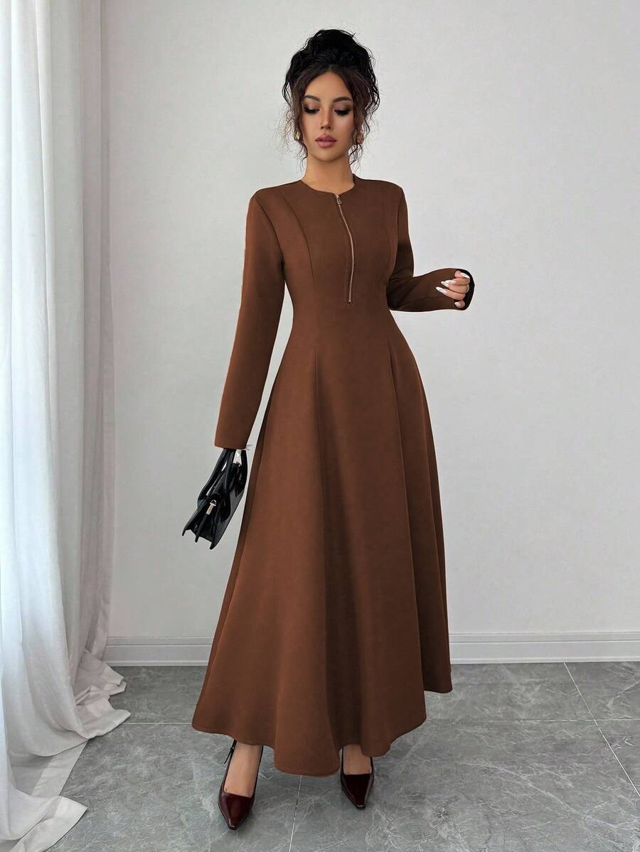 SHEIN Elenzga فستان أنيق بياقة مستديرة وسحاب أمامي