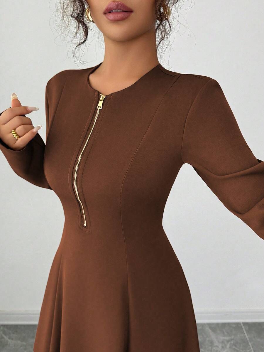 SHEIN Elenzga فستان أنيق بياقة مستديرة وسحاب أمامي