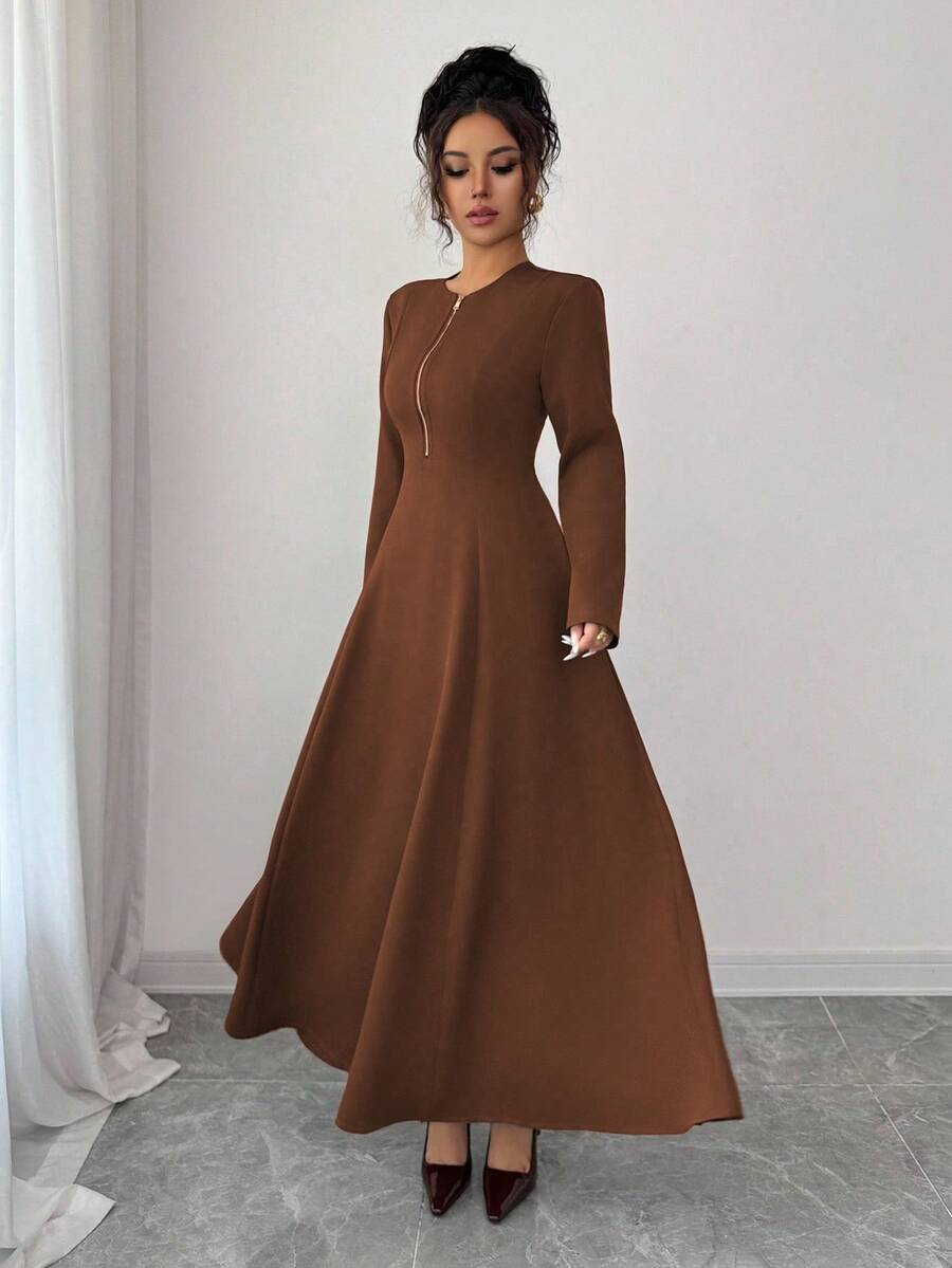 SHEIN Elenzga فستان أنيق بياقة مستديرة وسحاب أمامي