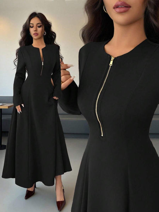 SHEIN Elenzga فستان اسود بياقة مستديرة وسحاب أمامي