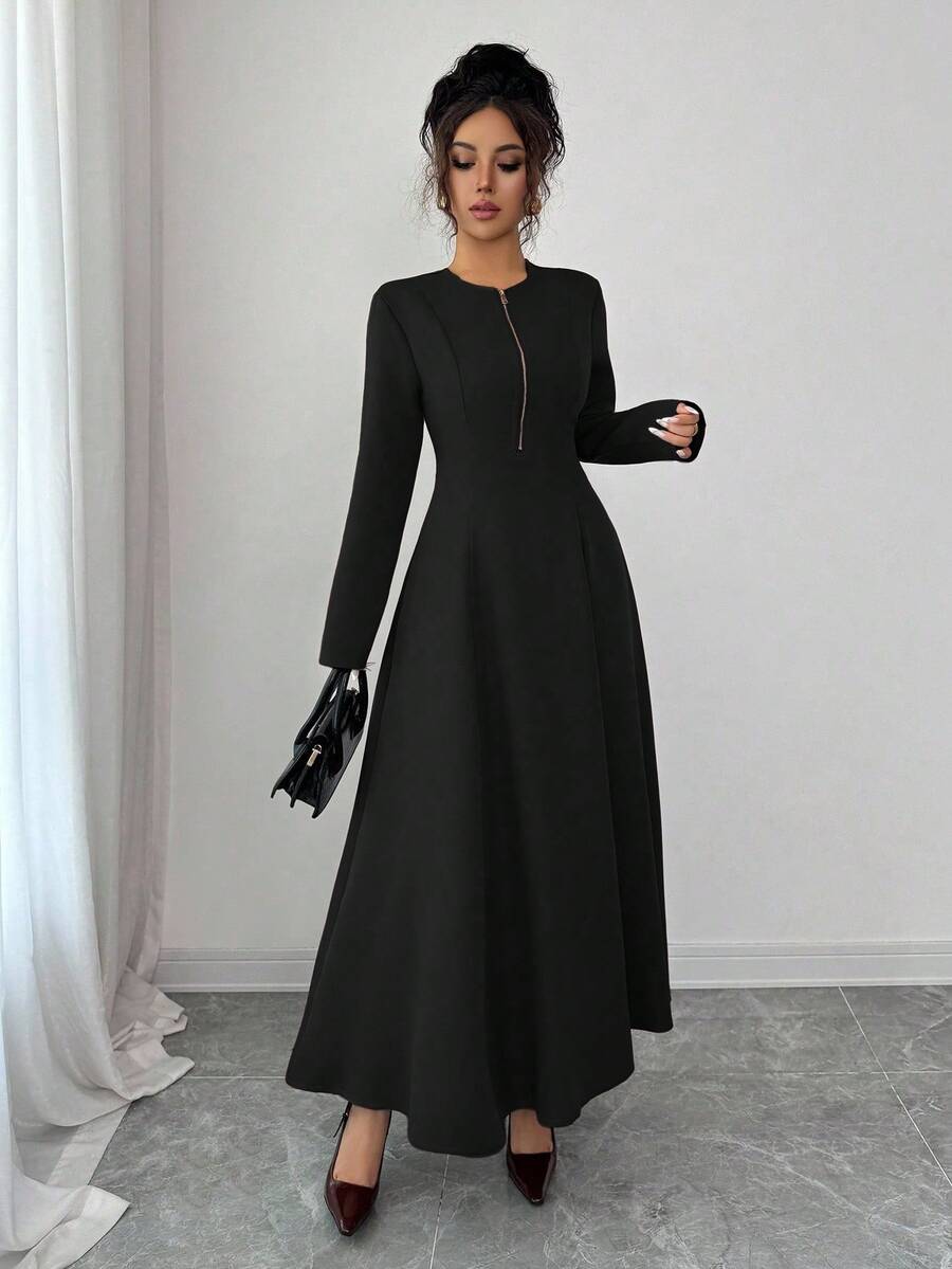 SHEIN Elenzga فستان اسود بياقة مستديرة وسحاب أمامي