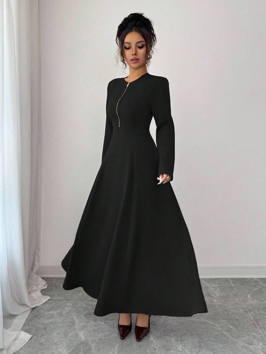 SHEIN Elenzga فستان اسود بياقة مستديرة وسحاب أمامي