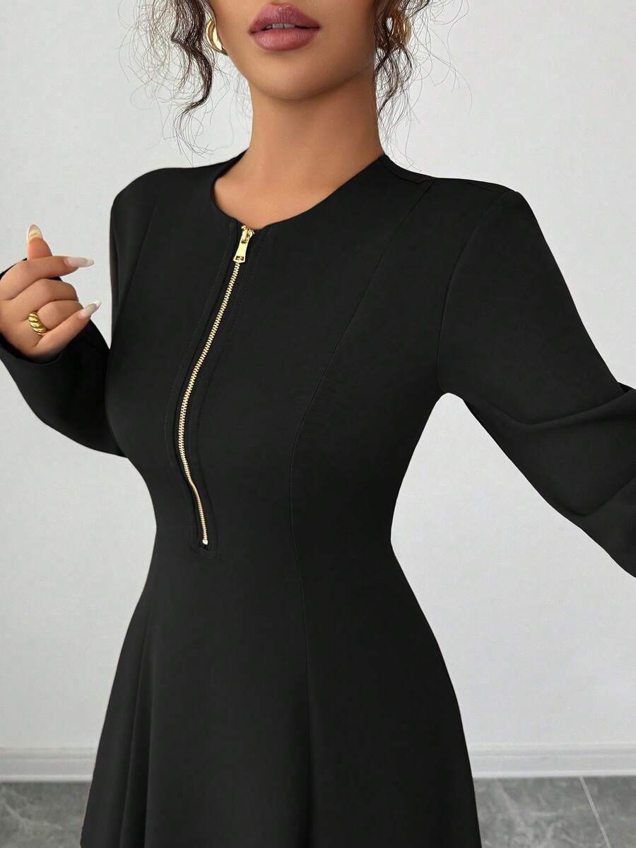 SHEIN Elenzga فستان اسود بياقة مستديرة وسحاب أمامي