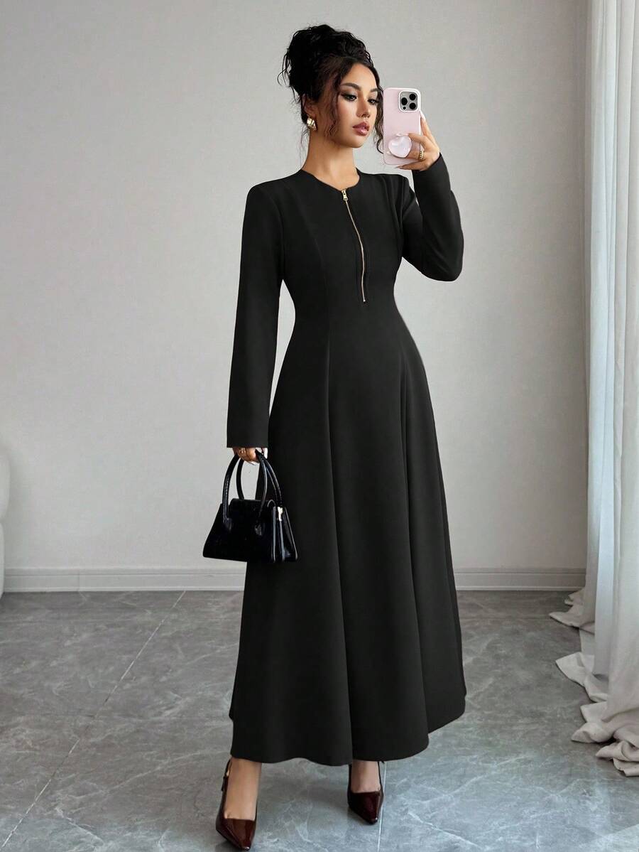 SHEIN Elenzga فستان اسود بياقة مستديرة وسحاب أمامي