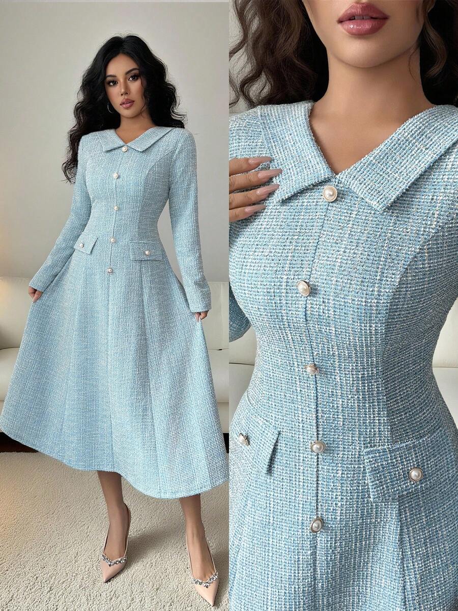 SHEIN Elenzga فستان أزرق-أخضر بياقة وأزرار لؤلؤ