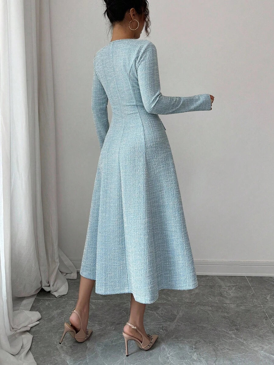 SHEIN Elenzga فستان أزرق-أخضر بياقة وأزرار لؤلؤ