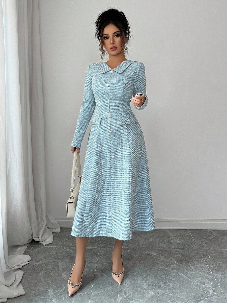 SHEIN Elenzga فستان أزرق-أخضر بياقة وأزرار لؤلؤ