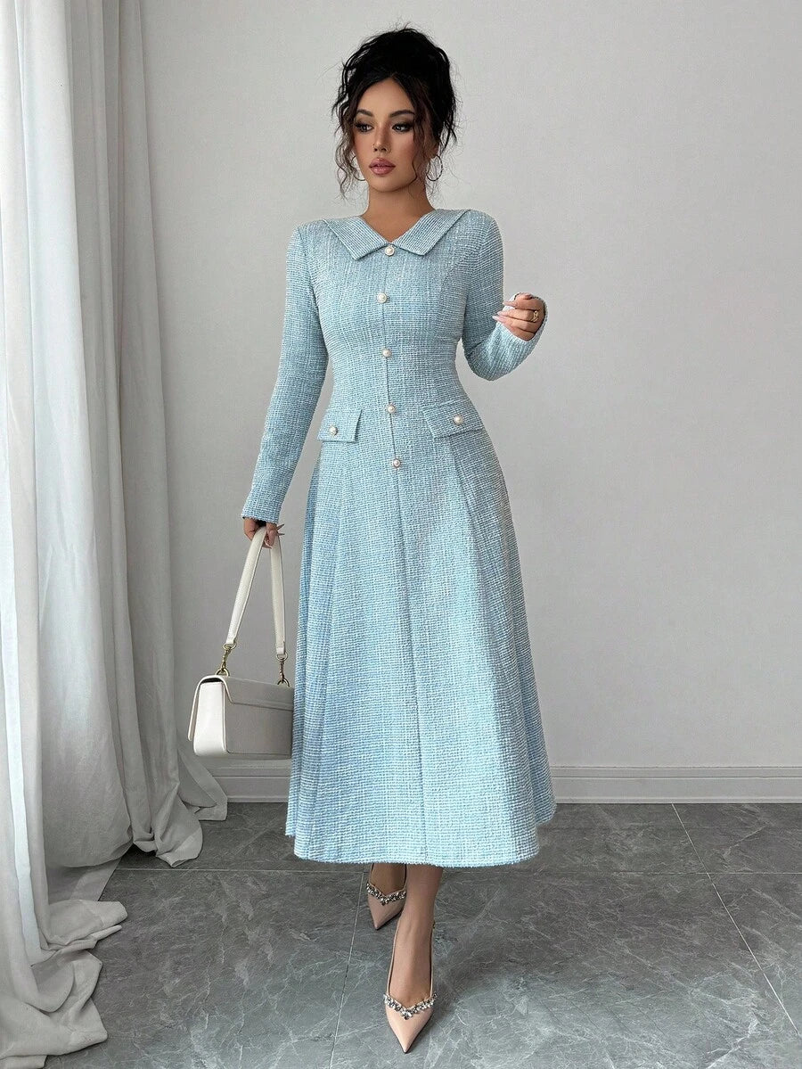 SHEIN Elenzga فستان أزرق-أخضر بياقة وأزرار لؤلؤ