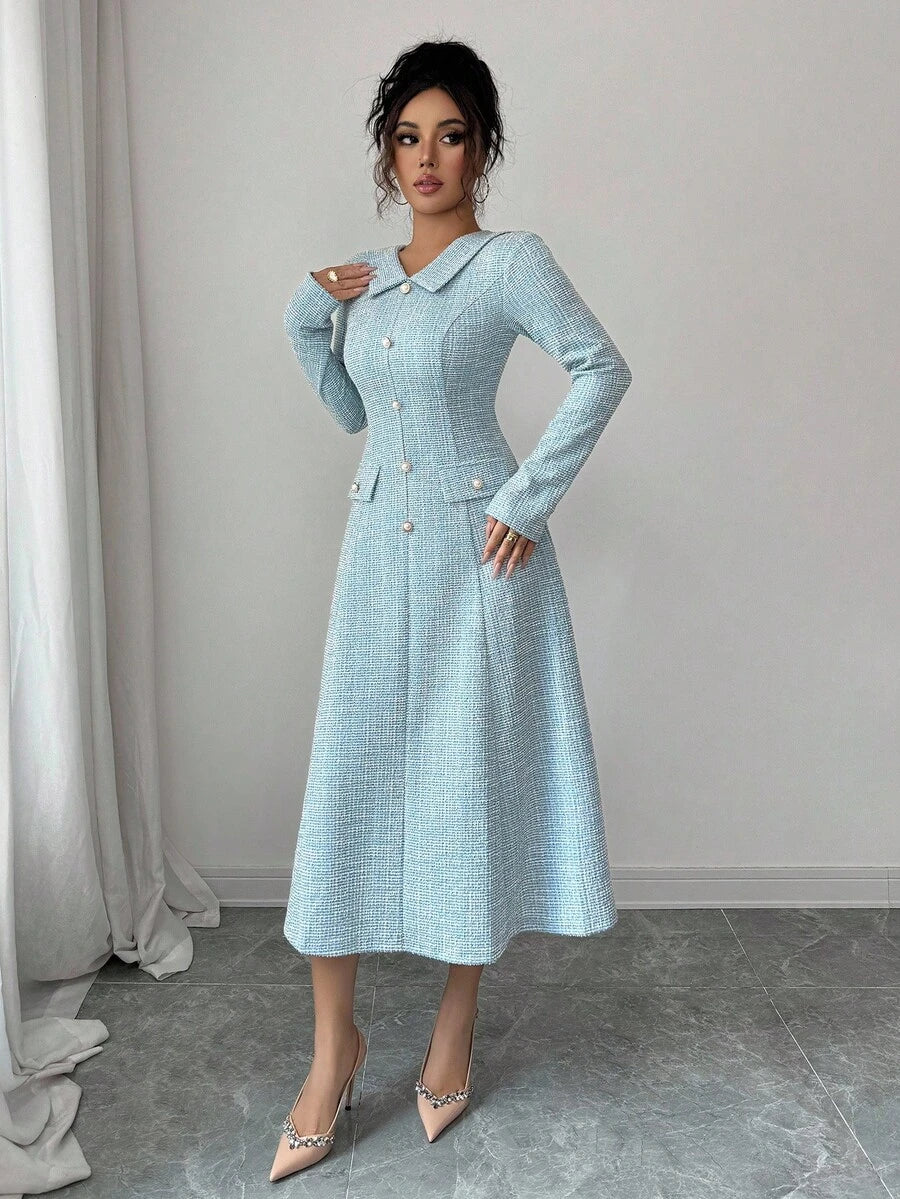 SHEIN Elenzga فستان أزرق-أخضر بياقة وأزرار لؤلؤ